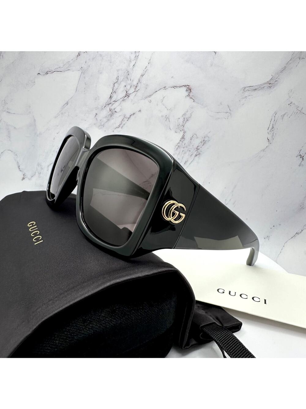 New GUCCI Sunglasses Wrap Square Black Gold Metal GG 55-16-130mm Authentic Gucci